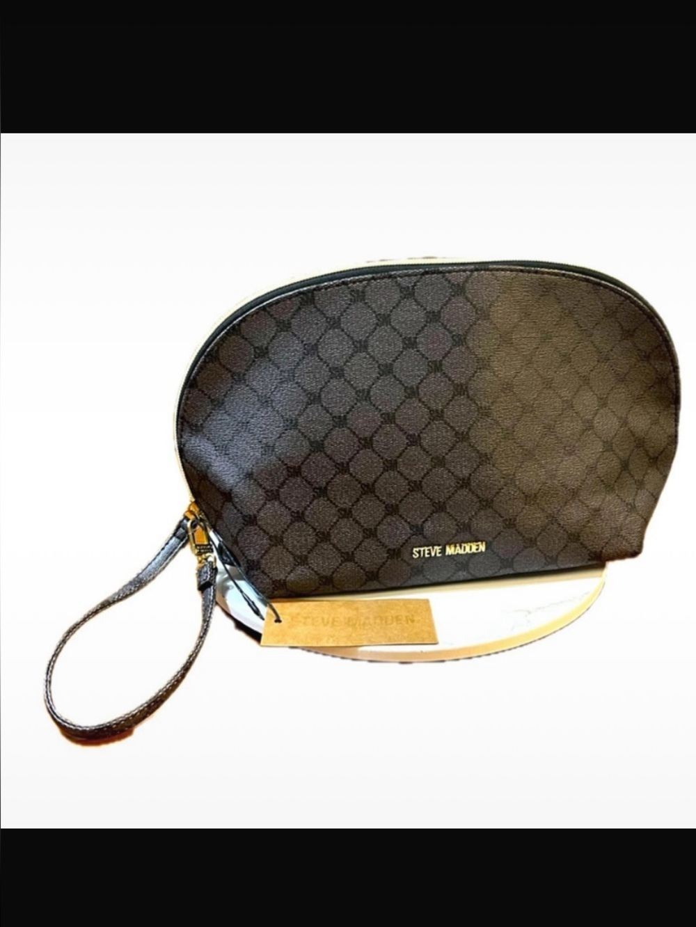 NWT Steve Madden Black Monogram Dome Cosmetic Case Makeup Wristlet Bag